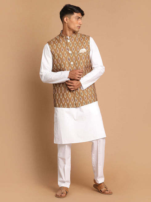 Vastramay Men's Multicolour-Base-Green Cotton Nehru Jacket  With White Cotton Pant